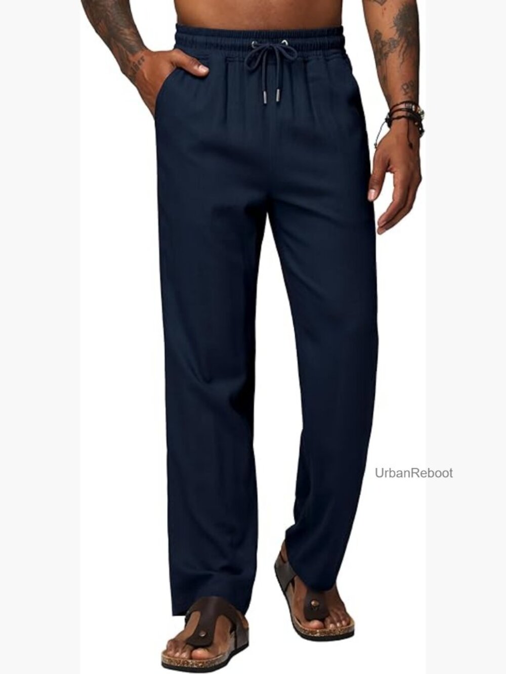 Men's Linen Pants Casual Elastic Waist Drawstring Trousers 28-30 Inseam